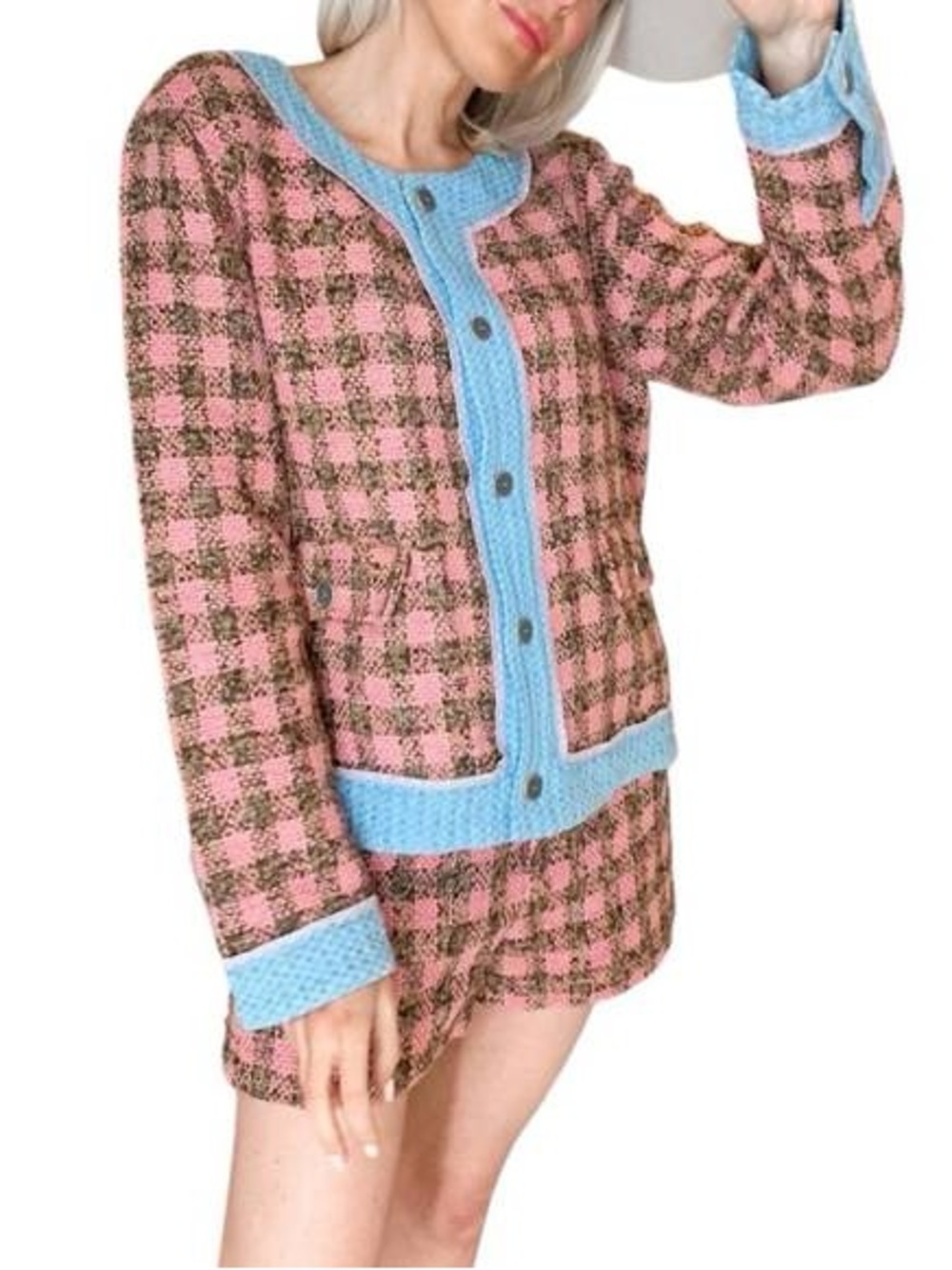 🆕 Pink & Brown Plaid Tweed Set with Sky Blue Trim - L